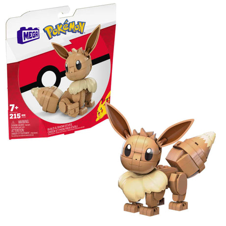 Mega Construx Pokemon Build & Show Eevee figure with detailed poseable parts and building pieces for kids ages 7 and up.