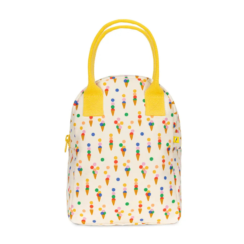 Roomy zipper lunch bag with yellow handles and colorful ice cream cone pattern on organic cotton fabric