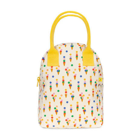 Roomy zipper lunch bag with yellow handles and colorful ice cream cone pattern on organic cotton fabric