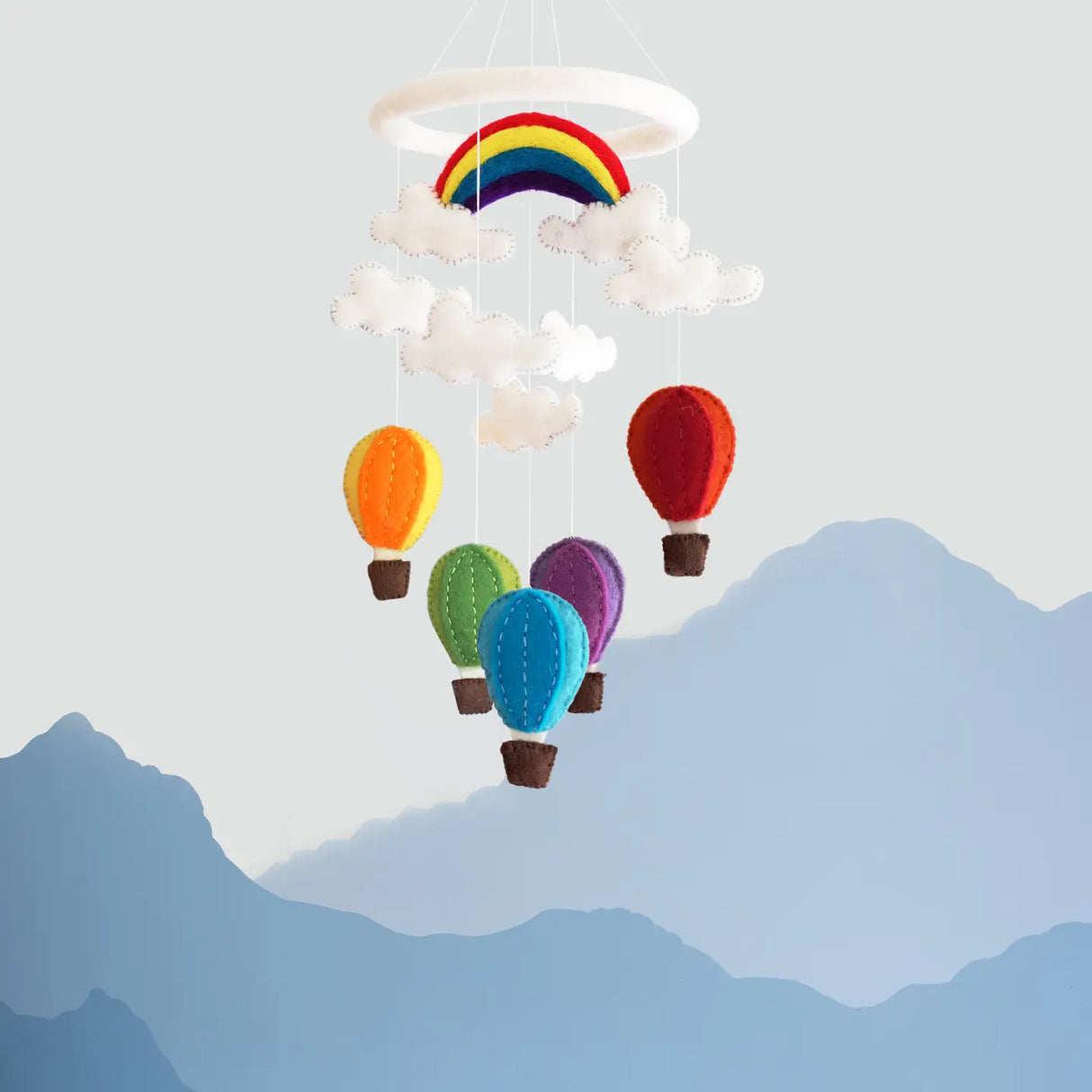 Felt Mobile | Hot Air Balloon with colorful wool hot air balloons, clouds, and rainbow, perfect nursery decor.