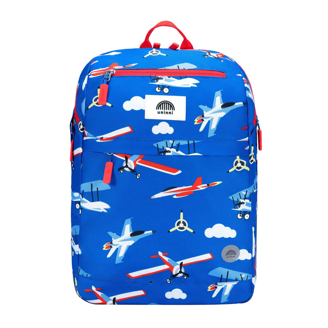 Backpack | Airplane with bright blue airplane print, adjustable straps, and padded compartments for school or travel use.