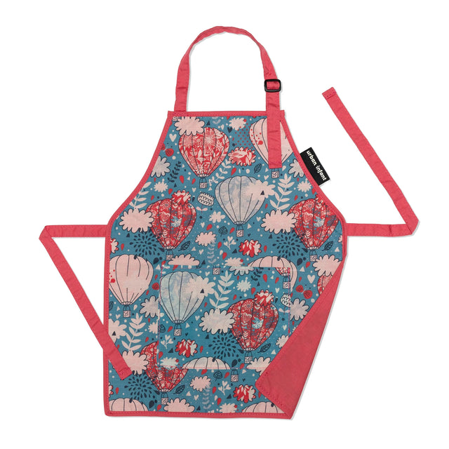 Little Helper Apron | Balloons Small in blue with red trim, featuring hot air balloon print and front pocket for kids.