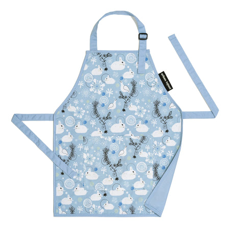 Little Helper Apron | Bunnies Medium with blue bunny print, double-layered cotton, front pocket, and adjustable neck strap.