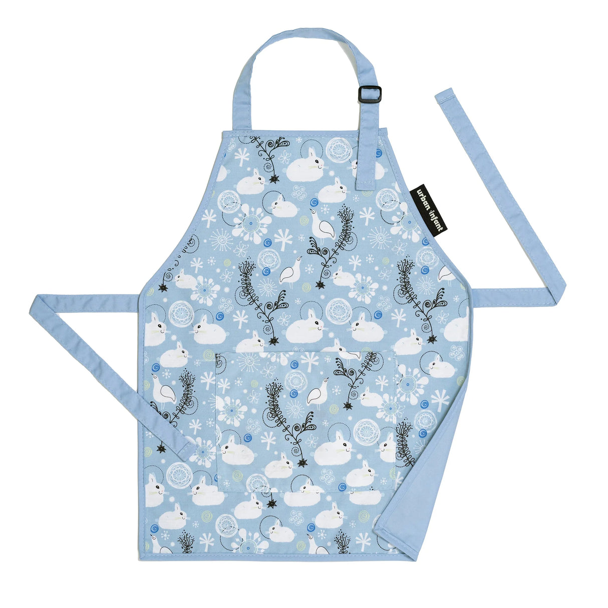 Little Helper Apron | Bunnies Medium with blue bunny print, double-layered cotton, front pocket, and adjustable neck strap.