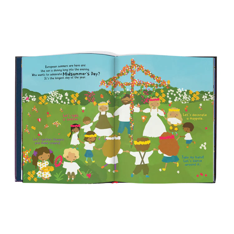 Open book with a few simple sentences and a colorful cartoon depiction of Midsummer's Day.