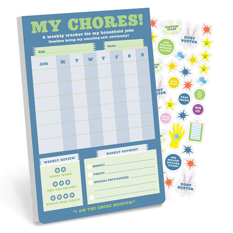 Blue weekly chore chart for kids with spaces for jobs, days of the week, stickers, and reward tracking sections