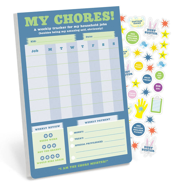 Blue weekly chore chart for kids with spaces for jobs, days of the week, stickers, and reward tracking sections