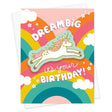 Dream Big Unicorn Sticker Birthday Card with colorful rainbow background and removable unicorn vinyl sticker.
