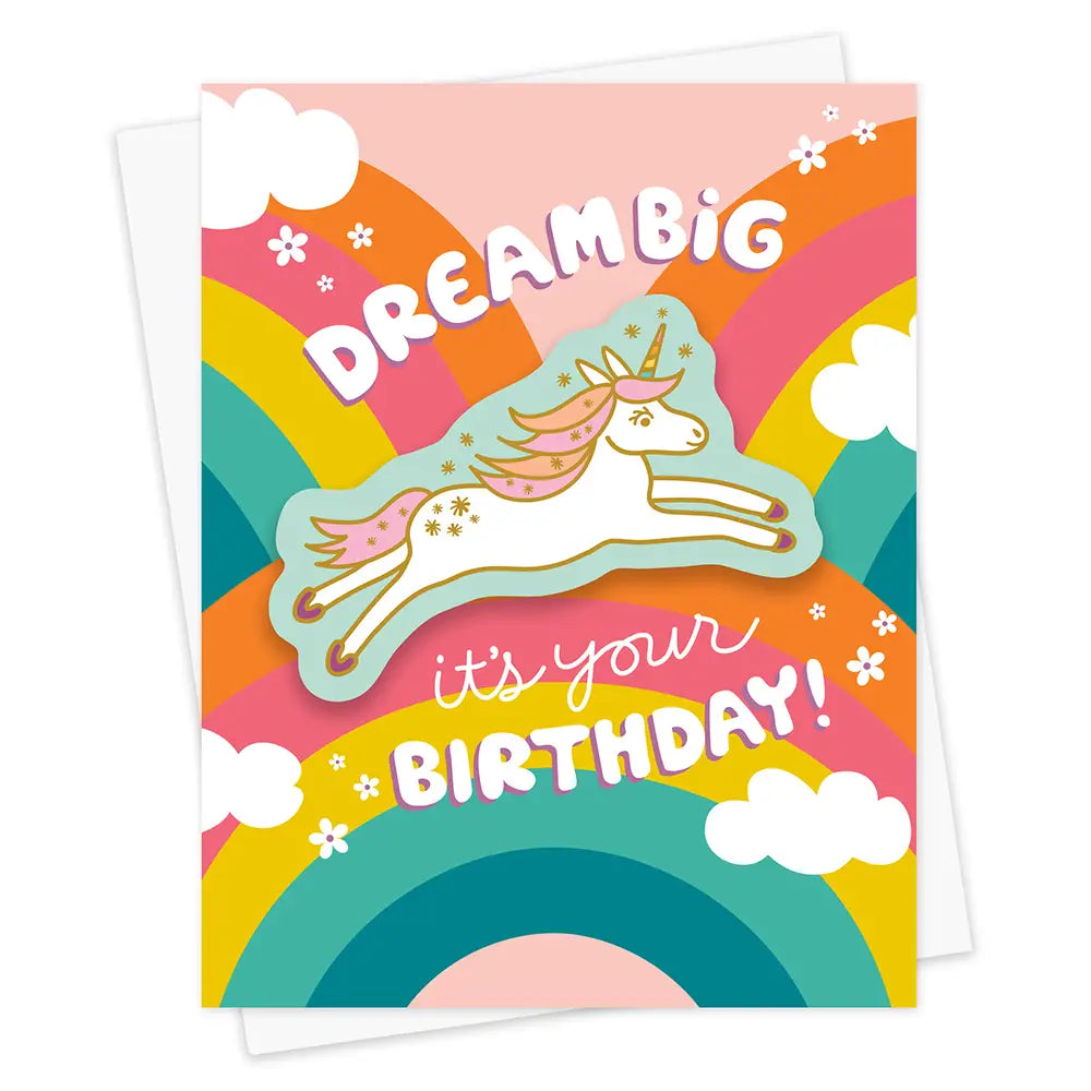 Dream Big Unicorn Sticker Birthday Card with colorful rainbow background and removable unicorn vinyl sticker.
