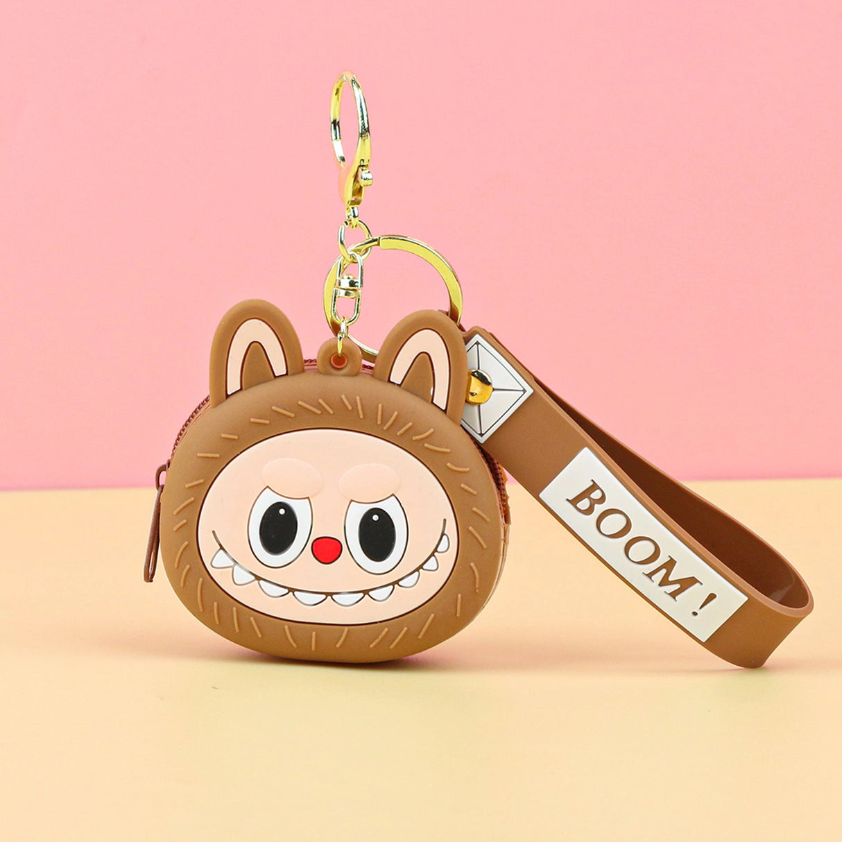 Labubu Head Coin Purse with a cheerful face and attached "BOOM!" strap, perfect for carrying coins securely.