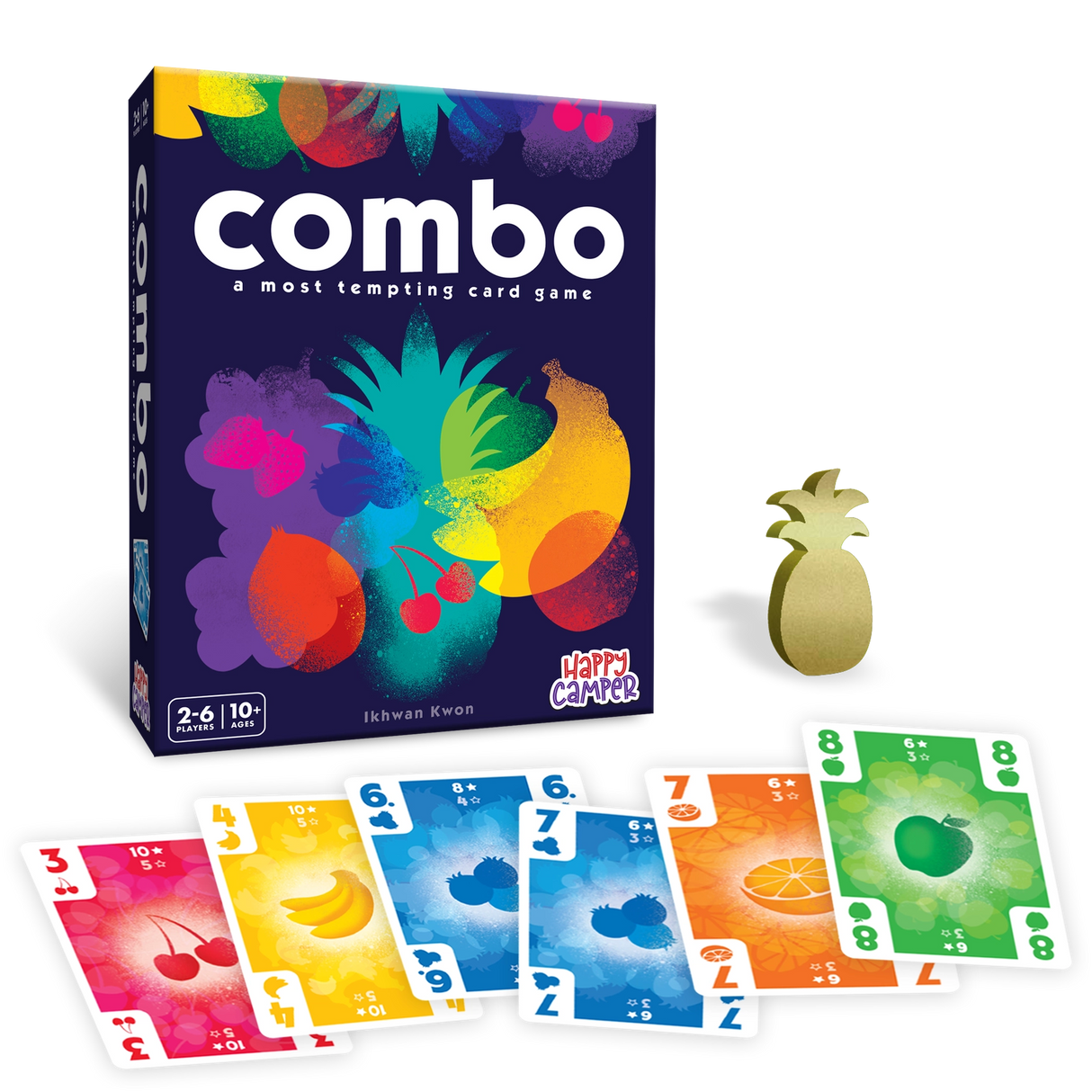 Combo: A Most Tempting Card Game box with colorful fruit cards and a wooden pineapple game piece displayed.