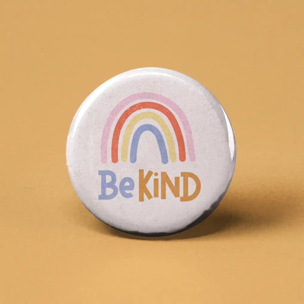 Button | Be Kind Rainbow with pastel rainbow design encouraging kindness, 1.25-inch expressive accessory for self-expression.