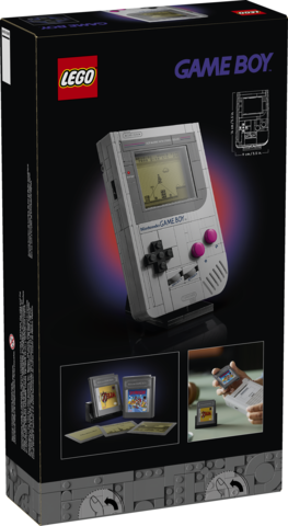 LEGO brick-built Game Boy model with screen, controls, and interchangeable game cartridges on display stand
