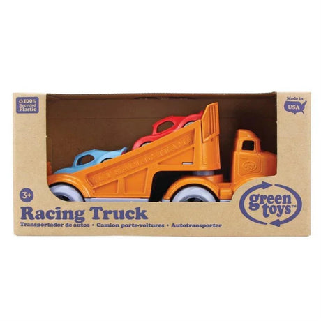 Racing Truck & Racers toy set with orange truck, blue and red race cars, made of 100% recycled plastic, eco-friendly.