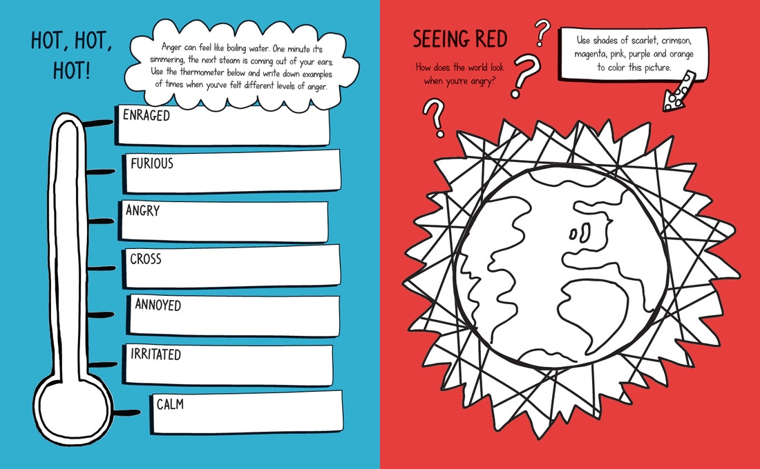 Two-page children’s activity showing thermometer feelings scale and world outline to color in shades of red emotions.