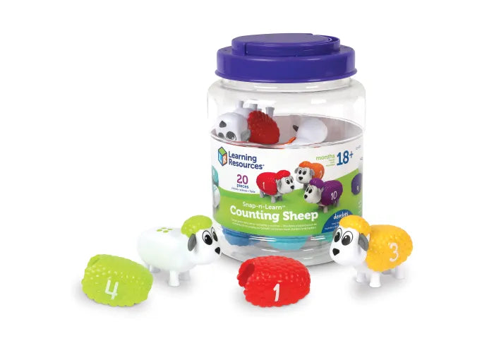 Snap-n-Learn Counting Sheep toy with colorful number sheep and removable wool for early math and motor skills.