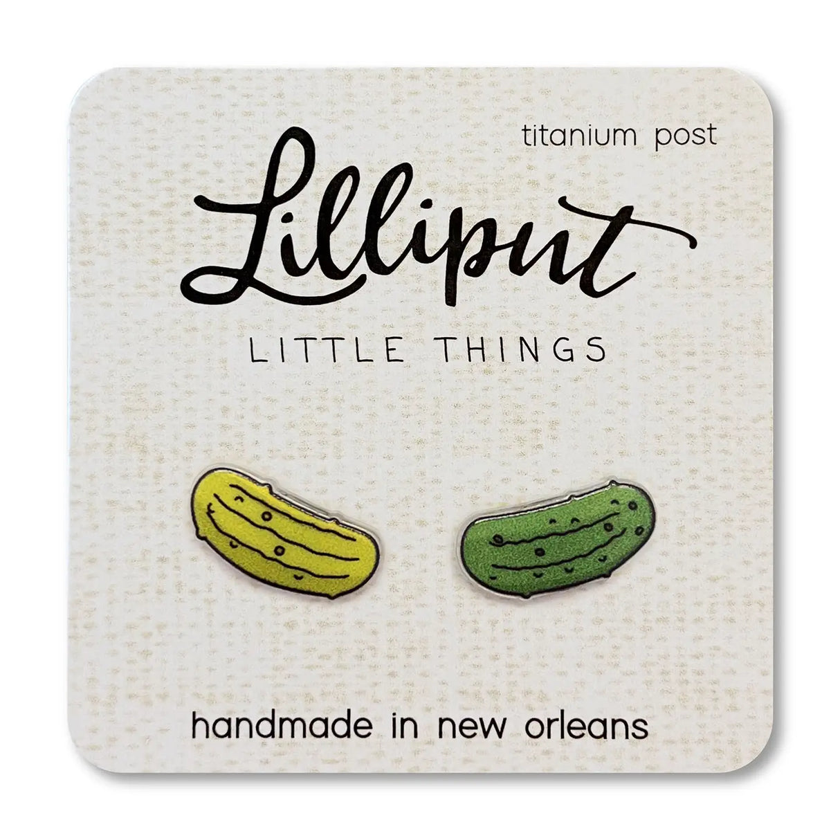 Pickle Earrings with vibrant pickle design, hypoallergenic titanium posts, waterproof, handmade in New Orleans.