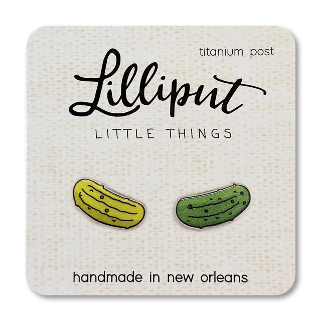 Pickle Earrings with vibrant pickle design, hypoallergenic titanium posts, waterproof, handmade in New Orleans.
