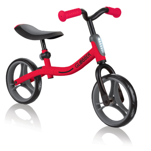 Go Bike | Red balance bike for toddlers with adjustable seat and T-bar, EVA foam tires, ideal for ages 2 to 5 years.