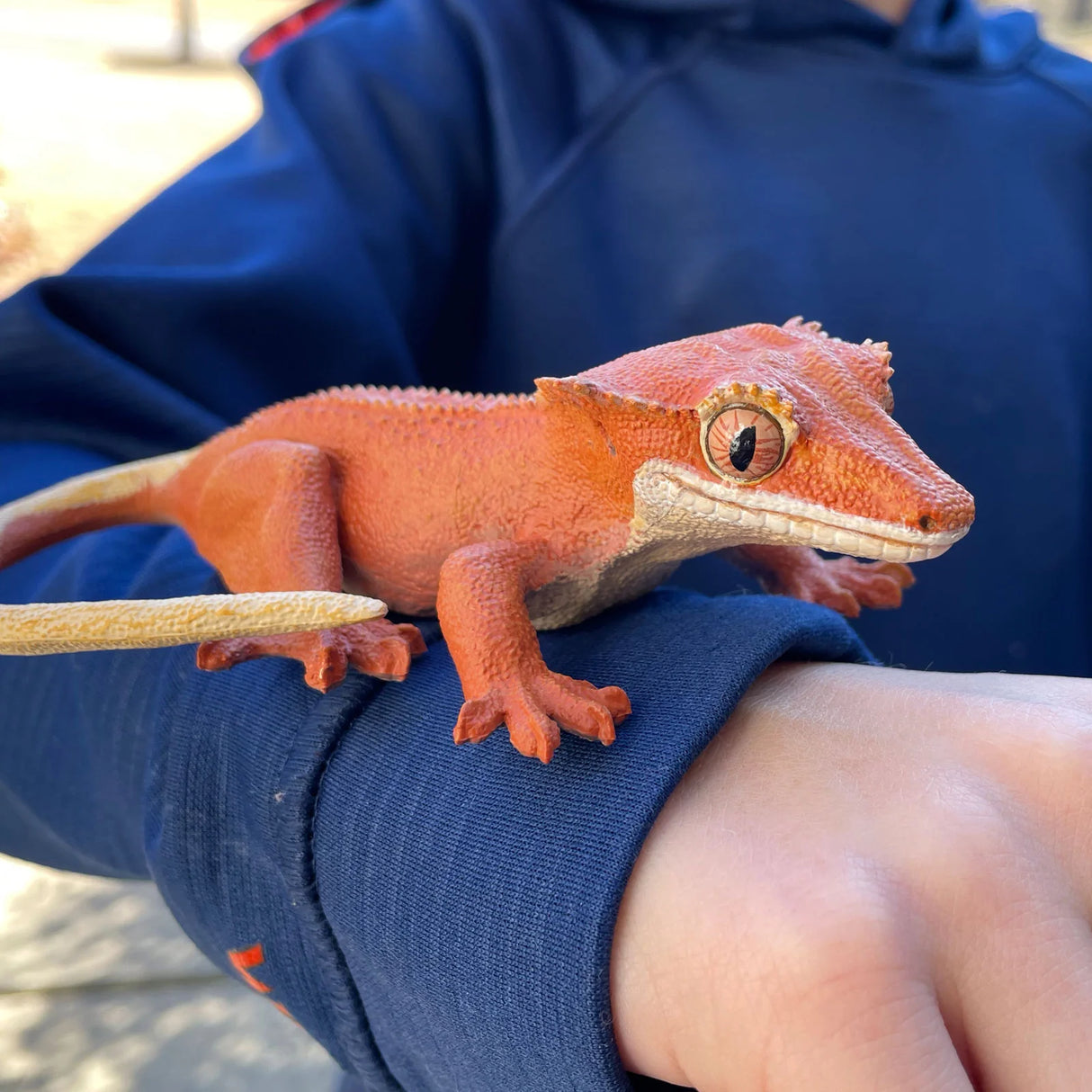 Crested Gecko toy figurine with detailed orange and cream coloring held on a person's arm outdoors.