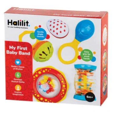 My First Baby Band set with five colorful shakers for babies, promoting sensory and motor skill development.