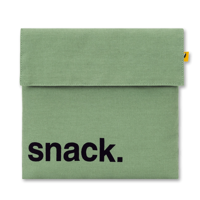 Reusable organic snack bag in moss green with hook and loop closure, washable and eco-friendly design