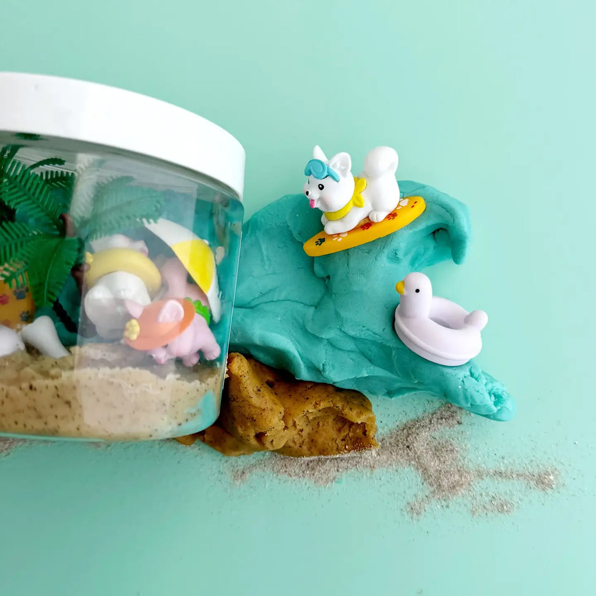 KidDough To Go | Puppy Beach Party with blue and sand dough, puppy and ducky beach play figures in travel container