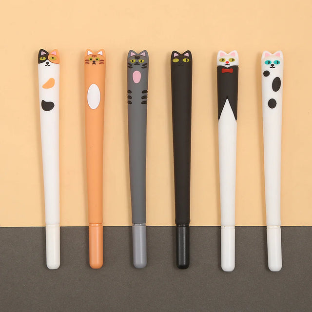 Expression Cat Gel Pen set featuring six assorted cat-themed fine tip gel pens, each with unique colorful designs.