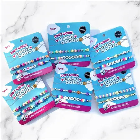 Don't Worry Bead Happy Bracelet with colorful beaded stretch design and positive word charms for ages 8+ dance fashion accessory