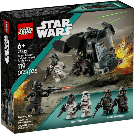 LEGO Star Wars set with Death Trooper and Night Trooper minifigures and a tactical dropship with stud shooters.
