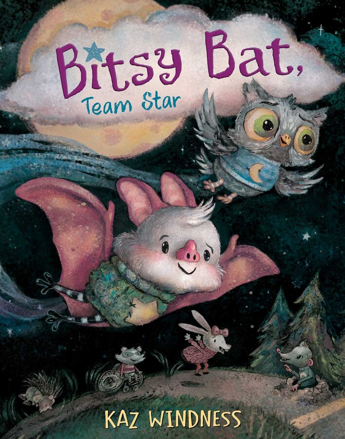 Bitsy Bat, Team Star book cover shows a smiling bat and owl flying at night under a full moon.