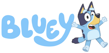Bluey cartoon character happily waving next to the playful Bluey logo in light blue letters on white background