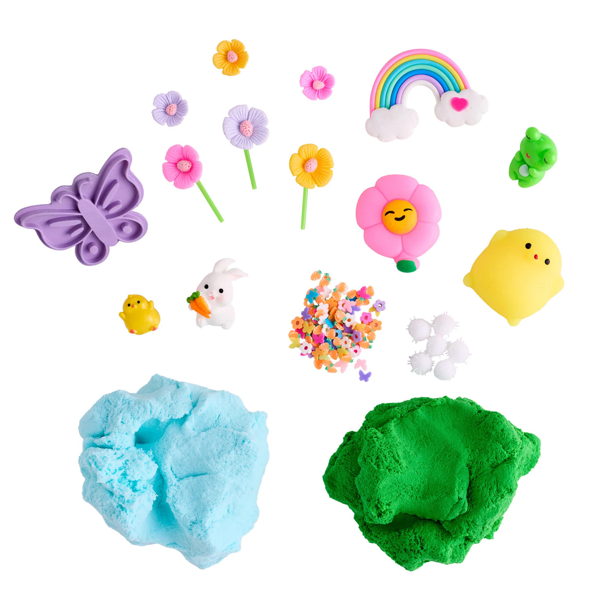 Sensory Pack | Garden Friends with stretchy cloud clay, flower figurines, bunny, chick, rainbow, and sensory toys for toddlers.