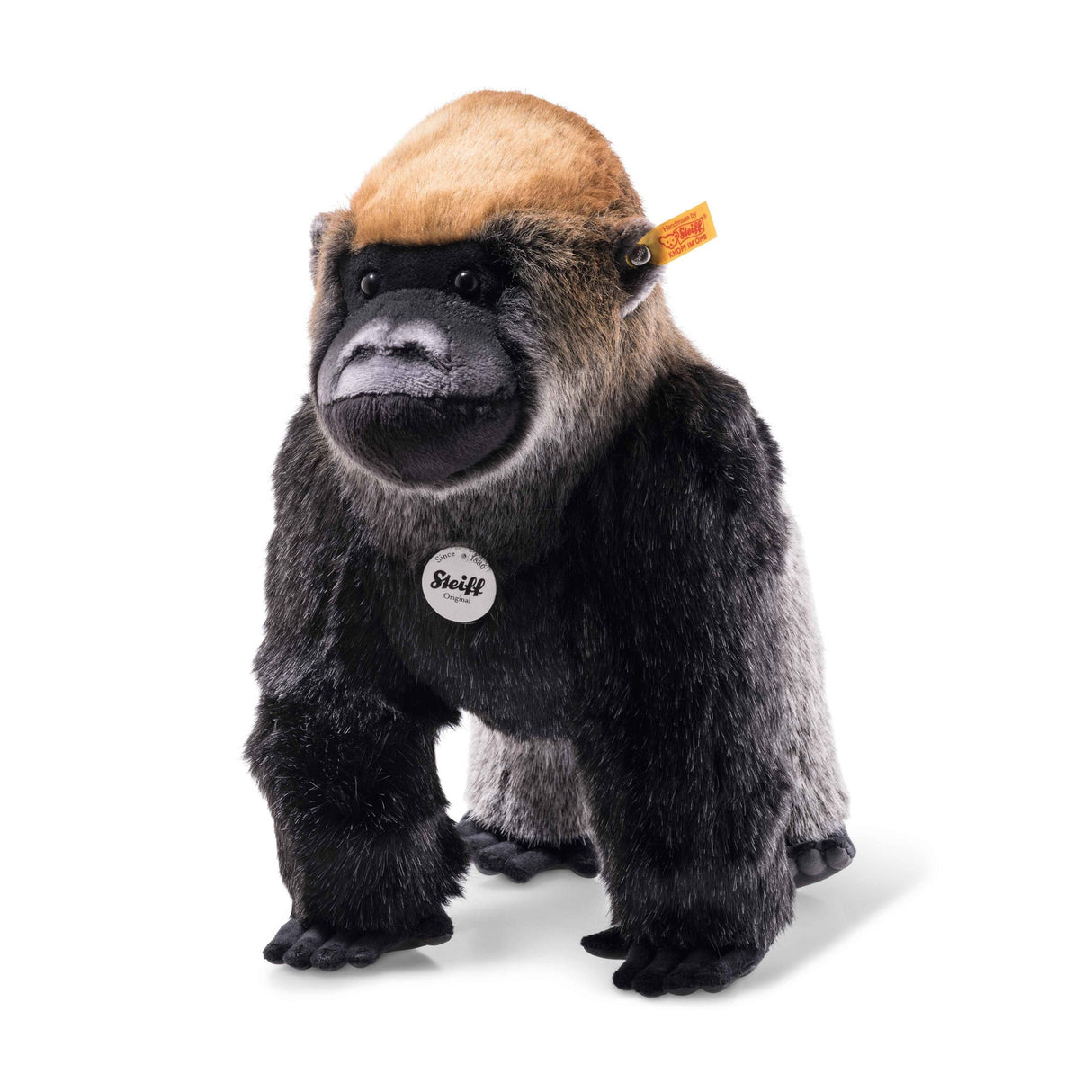 Lifelike plush gorilla standing 14 inches tall with realistic fur, titled Gorilla Boogie, perfect for cuddling and play.