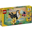 LEGO Creator Tropical Toucan building set with movable beak, wings, colorful tail feathers, flower, and watermelon slice.