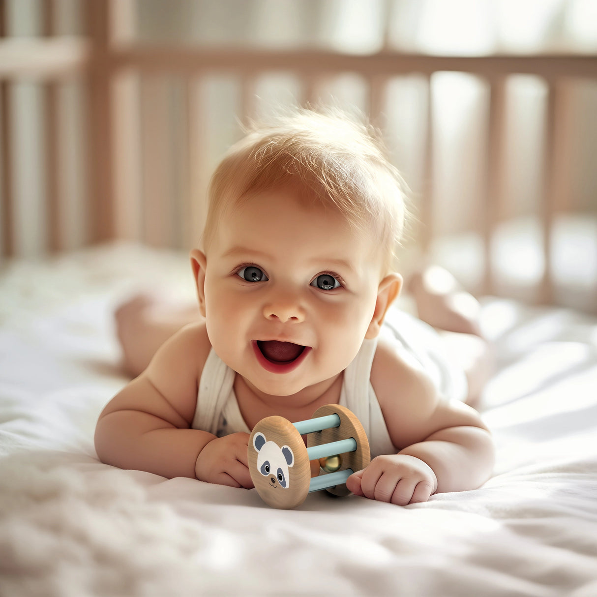 Baby lying on tummy holding a wooden roller rattle with colorful bars and panda design on bed