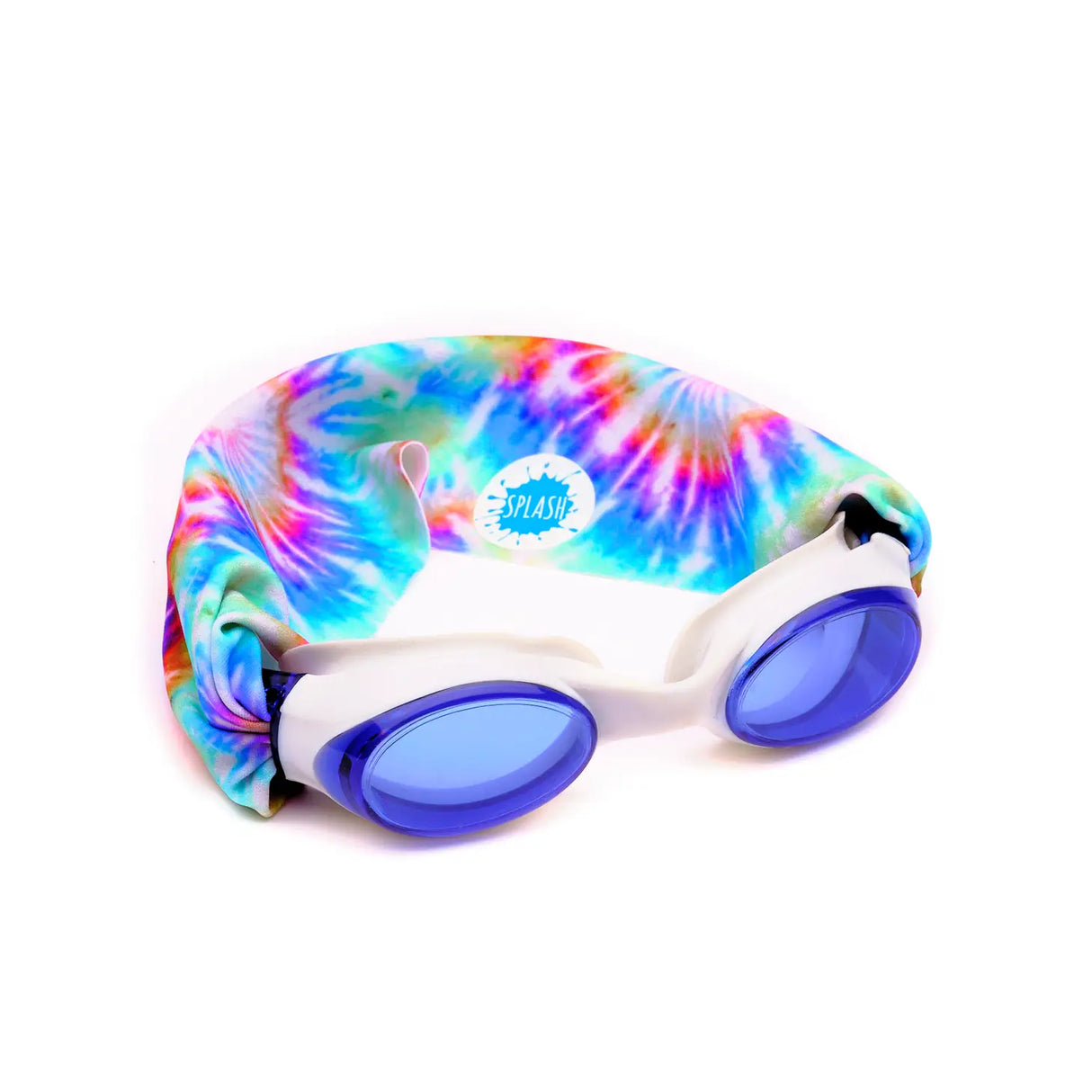 Goggles Tie Dye with tangle-free strap, white frame, blue lenses, anti-fog, shatter resistant, hypoallergenic, sensory friendly.