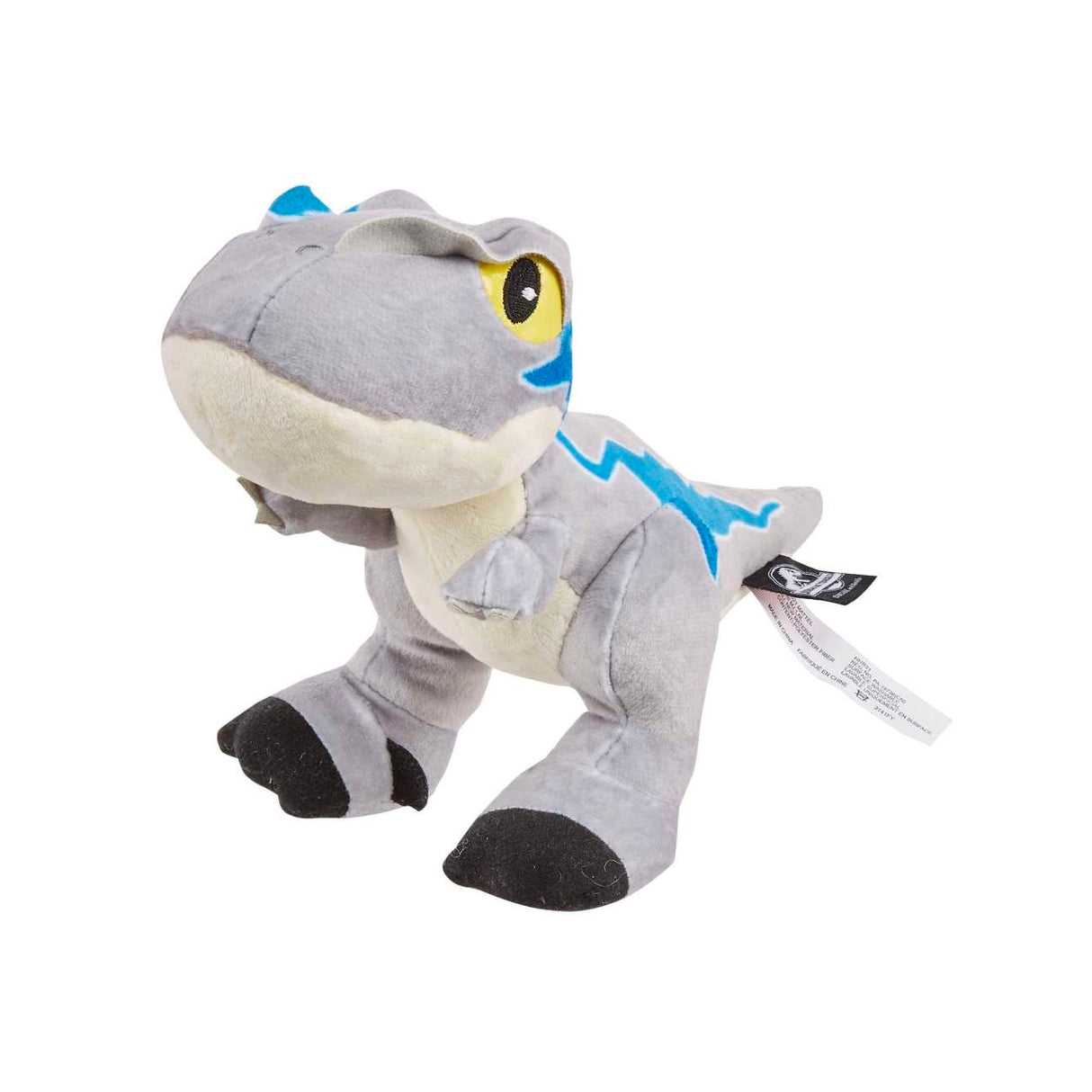 Jurassic World Dino plush toy in gray and blue with soft fabric, measuring about 7 inches, perfect for kids 3 and up.