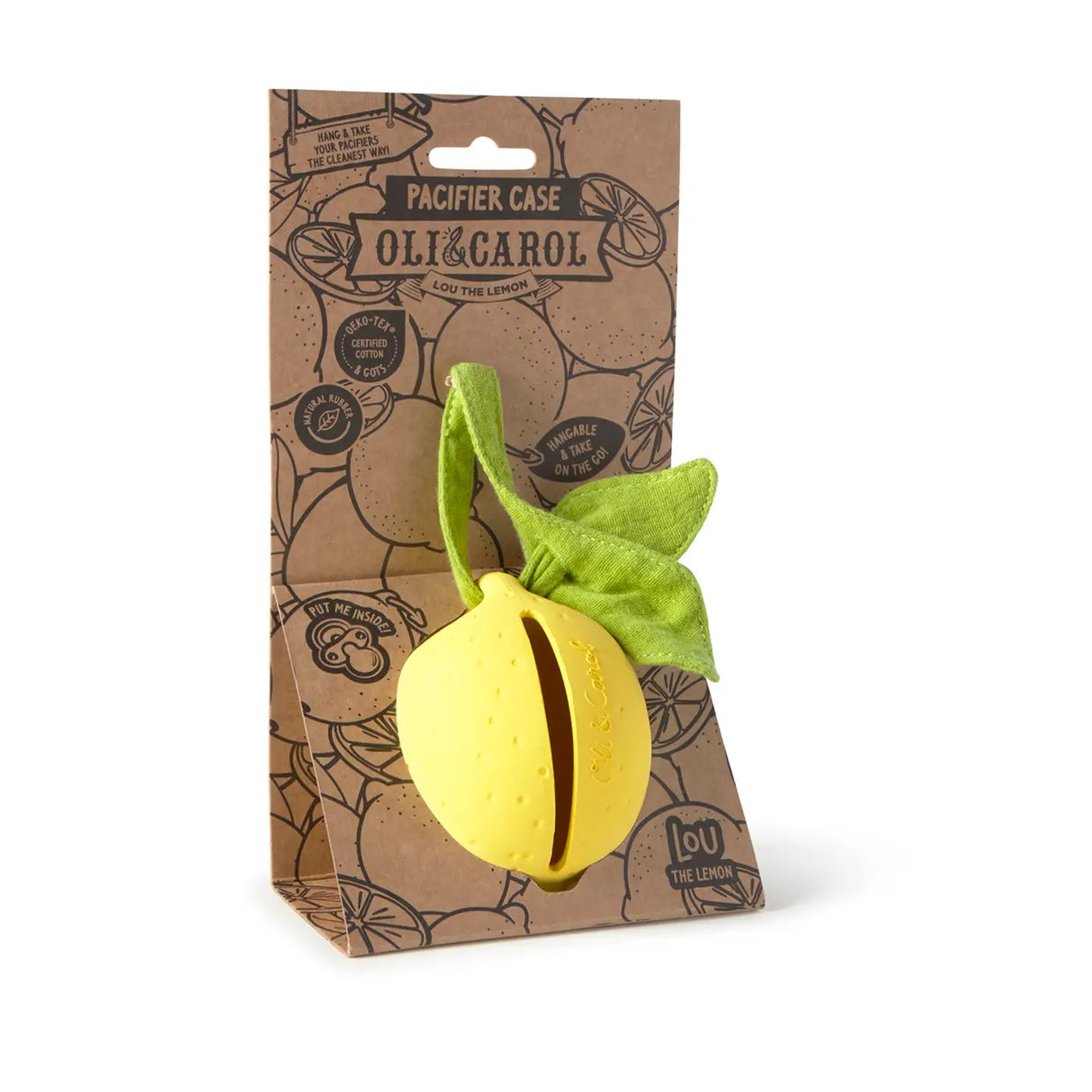 Lou the Lemon pacifier case made of natural rubber with organic cotton leaves, eco-friendly and handmade for baby care.