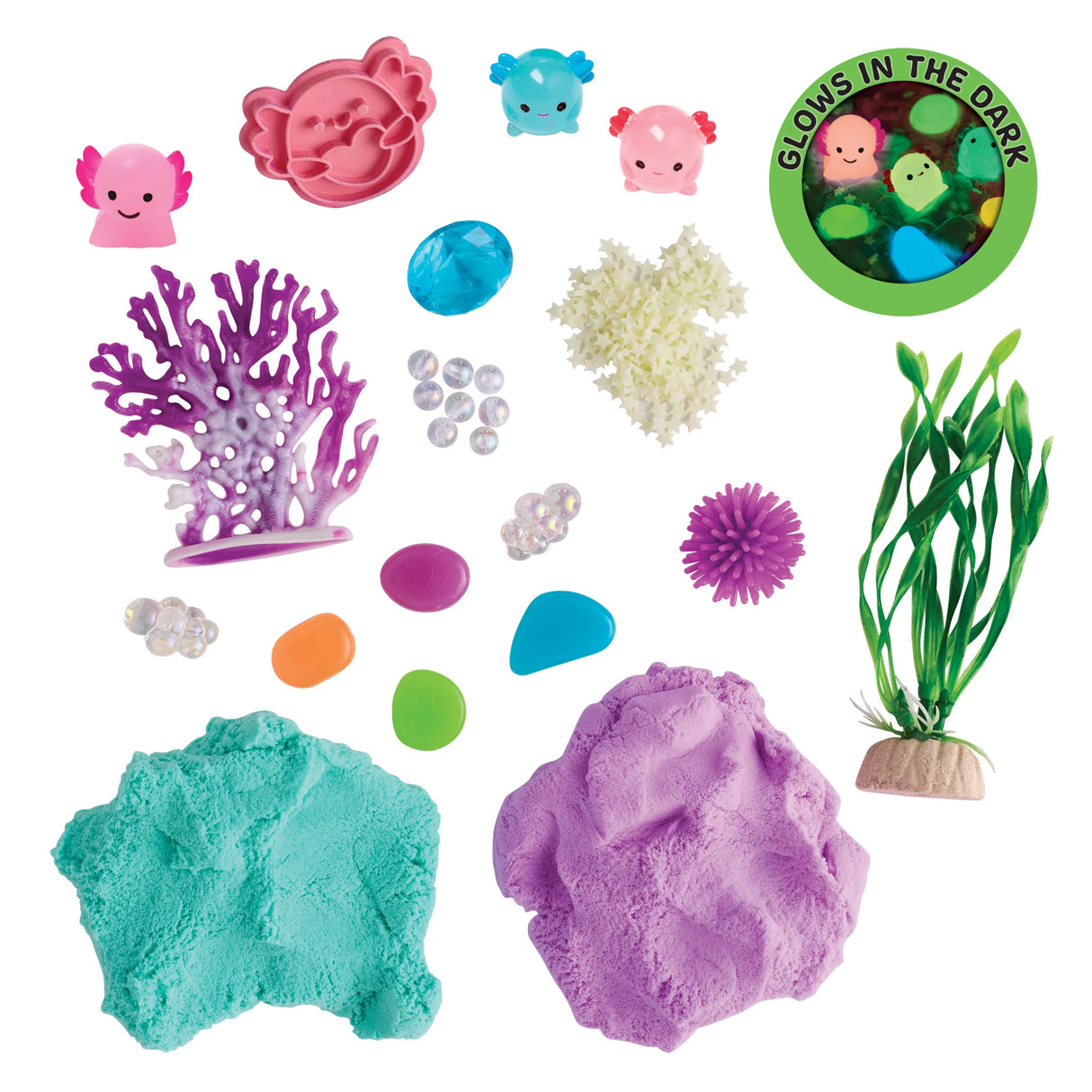 Sensory Pack | Axolotl with colorful clay, glow in the dark axolotl toys, coral, and sensory play items for toddlers.