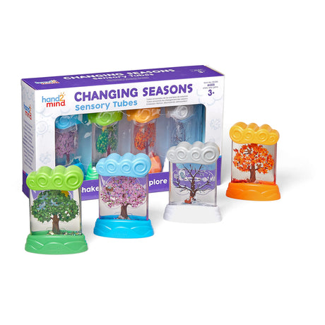 Changing Seasons Sensory Tubes with color-coded seasonal trees for calming sensory play and learning about weather patterns.