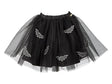 Black tulle skirt with silver bat appliques, featuring an elastic waistband for comfortable wear and twirling fun