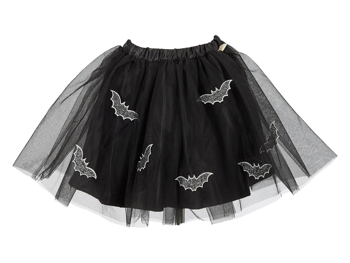Black tulle skirt with silver bat appliques, featuring an elastic waistband for comfortable wear and twirling fun