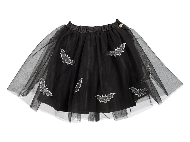 Black tulle skirt with silver bat appliques, featuring an elastic waistband for comfortable wear and twirling fun