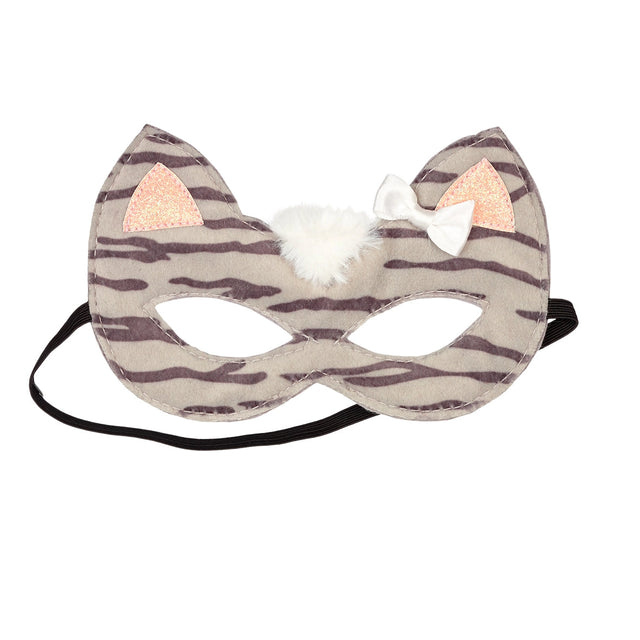 Grey and dark grey cat mask with glittery pink ears, white faux fur, and a white bow with an elastic strap for kids ages 3 and up