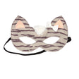 Grey and dark grey cat mask with glittery pink ears, white faux fur, and a white bow with an elastic strap for kids ages 3 and up