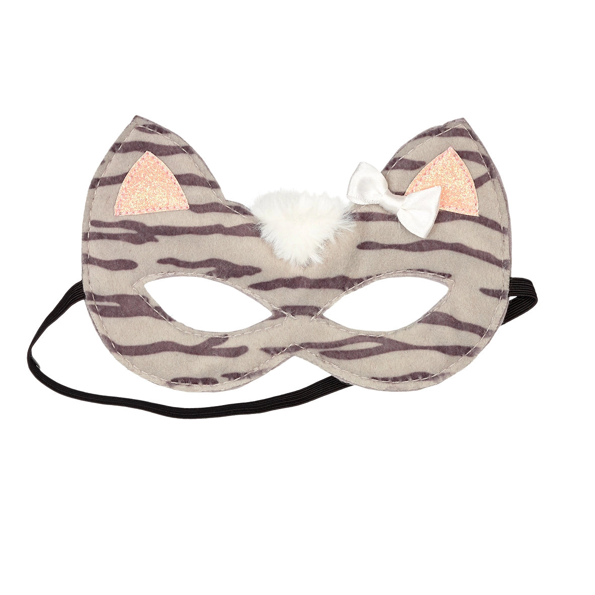 Grey and dark grey cat mask with glittery pink ears, white faux fur, and a white bow with an elastic strap for kids ages 3 and up