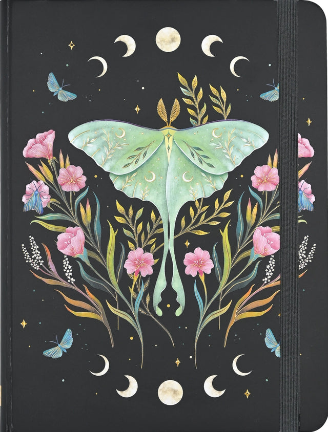 Journal with a green luna moth surrounded by flowers, moon phases, and stars on a matte black cover with elastic closure