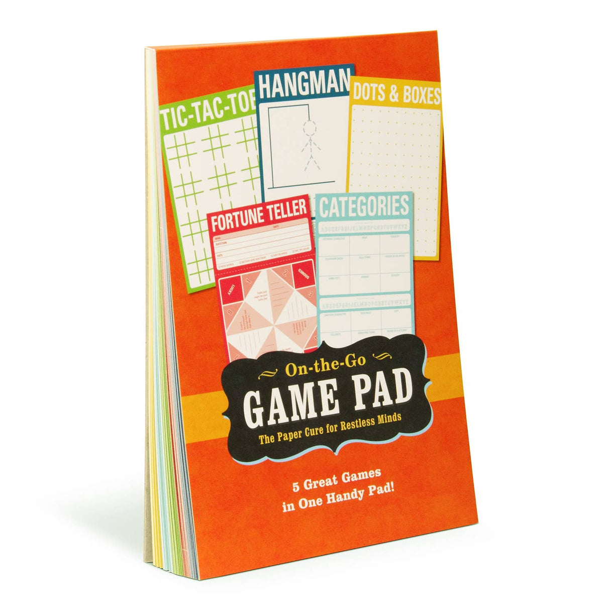 On-the-Go Game Pad with five classic paper games including Hangman, Tic-Tac-Toe, and Fortune Teller for all ages.