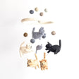 Felt Mobile | Cats & Mouse with handmade wool cats and mouse figures gently hanging from a felt hoop mobile.
